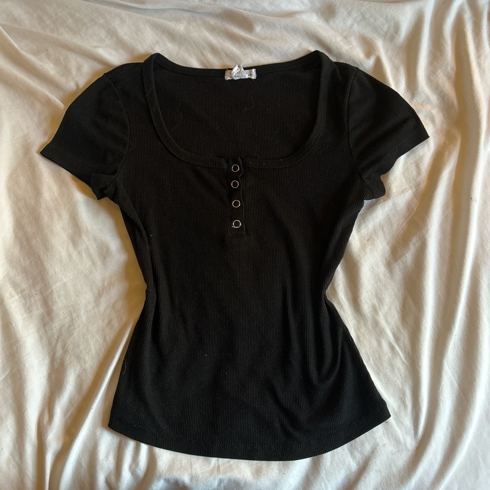 Black Short Sleeve Button Top
